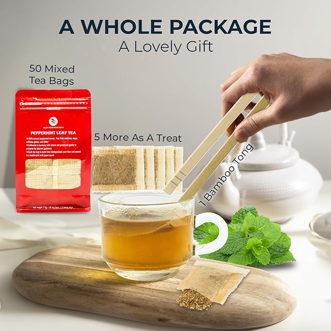 INJOY YOUR VITALGRI:N Peppermint Tea Bags - 55 Count (+5 Tea Bags) Bamboo Tong Included - 5.96 oz, Re-Steep Herbal Tea, Cool Fresh Breath, Warm Heat, Stomach Relief, Relax, Digestive Support, Mint