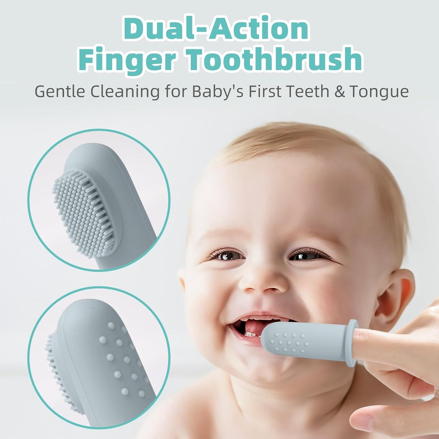 BumbleBee Silicone Baby Finger Toothbrush, Oral Cleaning & Teething Brush for Infants & Toddlers, 0 Months+, 2 Count with Travel Storage Case - Misty Blue