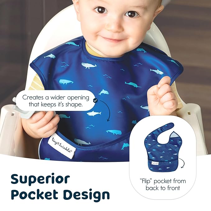 Tiny Twinkle Mess-Proof Baby Bibs for Eating | Waterproof, Wipeable Toddler Bibs with Catch-All Pocket | Feeding Bibs for Girls & Boys(3 Pack,Ocean Life Set)