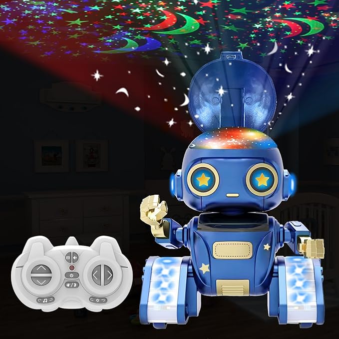 Aikmi Robot Toys for Kids 5-7, Rechargeable Remote Control Robot with Projector Night Light for Kids, Gesture Sensor, Music, Toys for 6 Year Old Boys Girls Birthday Present Boy Toy (Blue)