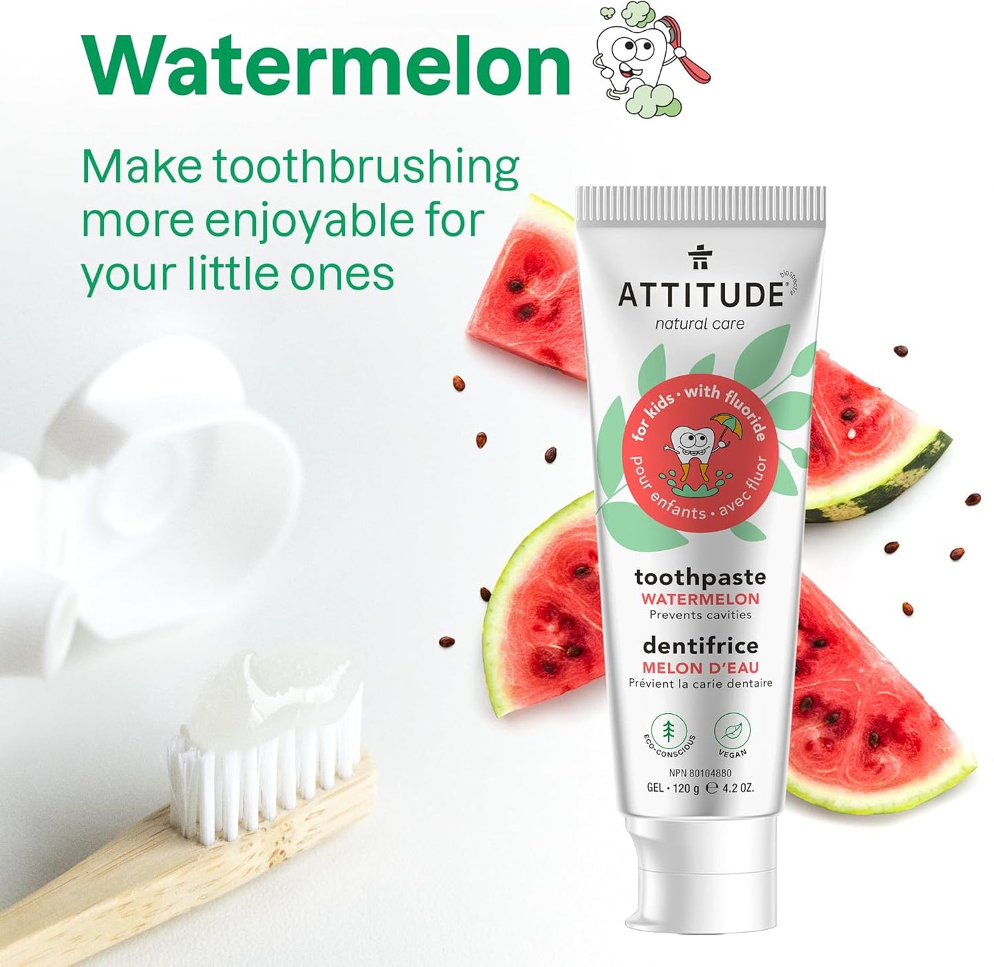 ATTITUDE Toothpaste with Fluoride, Prevents Tooth Decay and Cavities, Vegan, Cruelty-Free and Sugar-Free, Watermelon, 4.2 Oz
