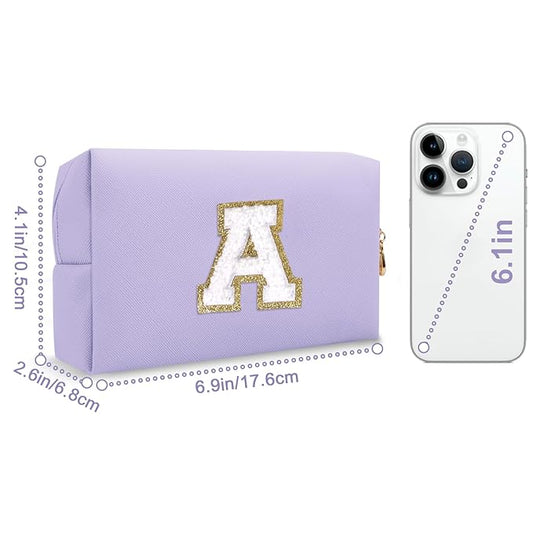 Personalized Makeup Bag Initial A-Z Preppy Patch Bag,Small PU Leather Travel Cosmetic Bag Pouch with Zipper,Purple Cute Toiletry Bag,Gift Ideal for Teen Girls Women Birthday Friend Mom,Latter A