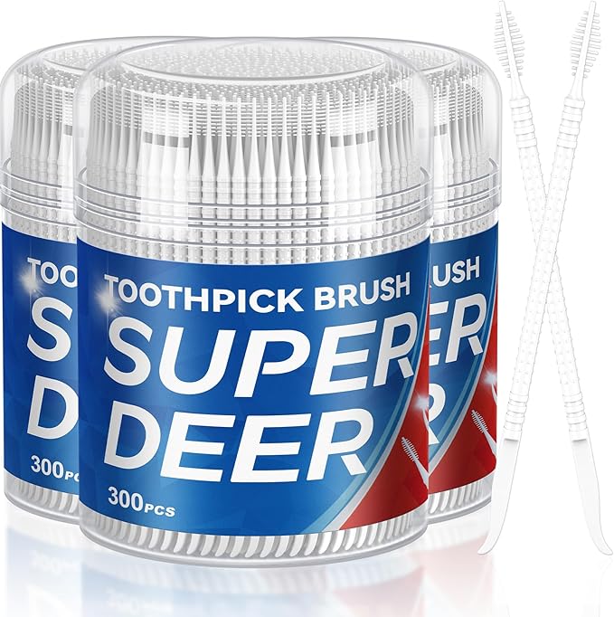Super Deer 300Count Brushpicks Interdental Toothpicks,Soft Bristle Dental Floss Picks Toothpicks,Helps Removes Plaque and Debris Between Your Teeth (3)