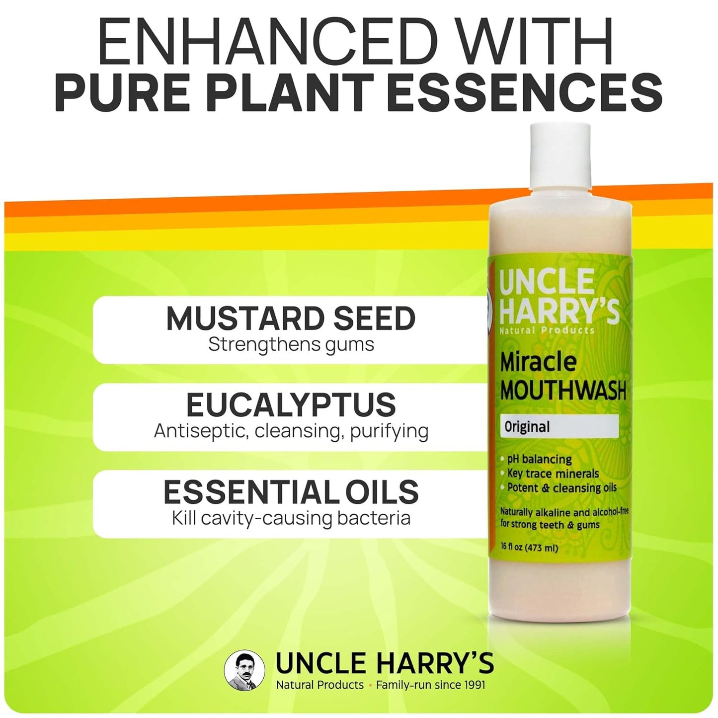 Uncle Harry's Natural Alkalizing Miracle Mouthwash | Adult & Kids Mouthwash for Bad Breath | pH Balanced Oral Care Mouth Wash & Mouth Rinse (16 fl oz)