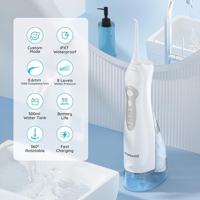 Mornwell Water Dental Flosser Teeth Pick for Teeth, Portable Cordless Water Flossers Oral Irrigator with 10 Intensity 4 Jet Rechargeable IPX7 Waterproof Water Tank Flosser Electric Travel (White)