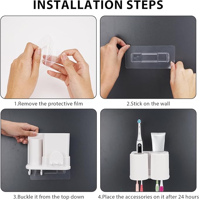 Toothbrush Holders with 2 Mouthwash Cup Wall Mounted for Bathrooms, 2 Slots Bathroom Organizer for Toothpaste, Electric Toothbrush, Razor, Floss, Self Adhesive Toothbrush Hanger Storage for Shower