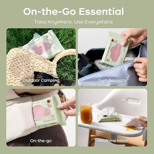 Bc Babycare Cloud Moist Baby Travel Wipes, 6 Pack, On The Go Pocket Size, Ultra Thick, 99% Water, Unscented, Hypoallergenic for Sensitive Skin, Biodegradable