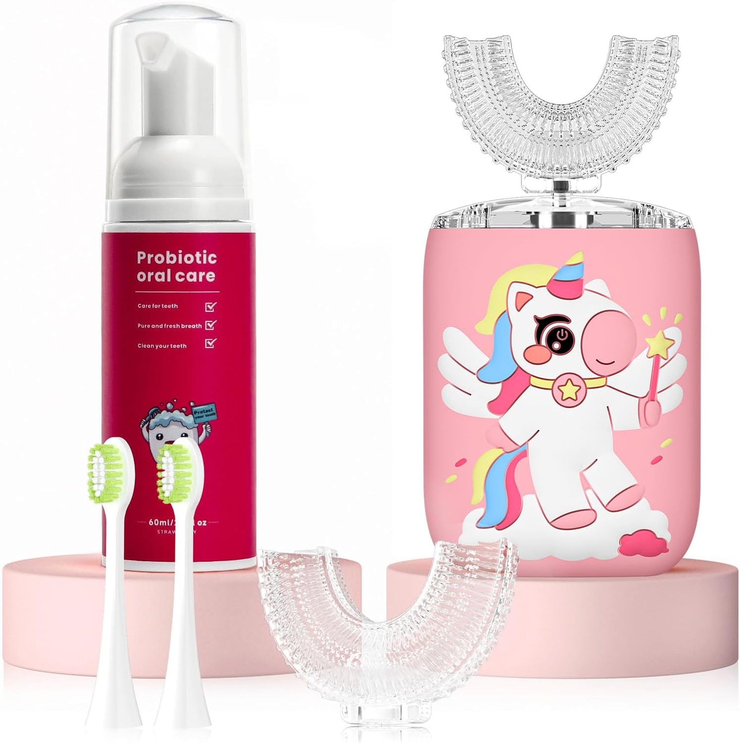 Kids Electric U Shaped Toothbrush Unicorn Rechargeable Sonic Toothbrush with 4 Soft Brush Heads with Kid Toothpaste IPX7 Waterproof - (Age 2-7, Pink)