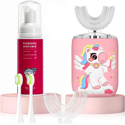 Kids Electric U Shaped Toothbrush Unicorn Rechargeable Sonic Toothbrush with 4 Soft Brush Heads with Kid Toothpaste IPX7 Waterproof - (Age 2-7, Pink)