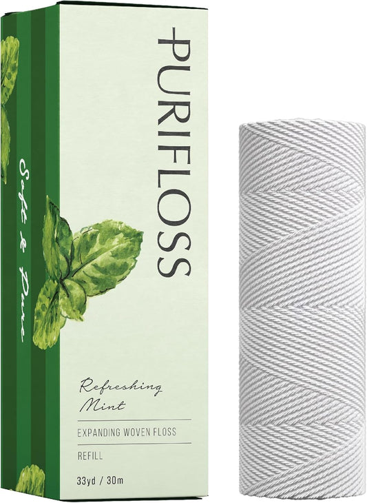 Premium Expanding Woven Dental Floss - PTFE & PFAS Free - Refereshing Mint Refill - Dentist Recommended - Kid Friendly - Vegan & Cruelty Free - 33yd