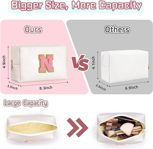 TOPEAST Cosmetic Travel Bags for Women, Preppy Small Makeup Bag, PU Leather Waterproof Toiletry Bag, Unique Friendship Gifts for Friends Coworker, Cute Stuff for Girls (Pearly White R)