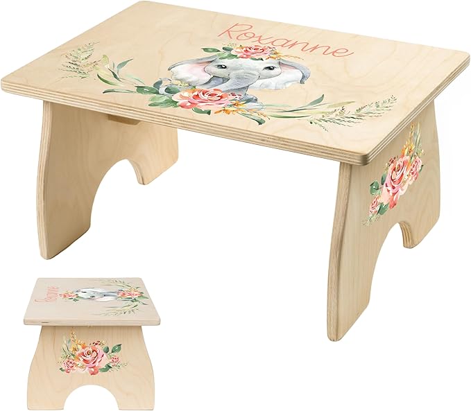 Step Stool for Toddlers- Personalized Wood Kids Step Stool with Name for Kitchen Sink, Bathroom, Potty Training, Toilet, Kitchen Sink- Sturdy and Safe- Made in USA by BloomOwl (Elephant- Coral Floral)