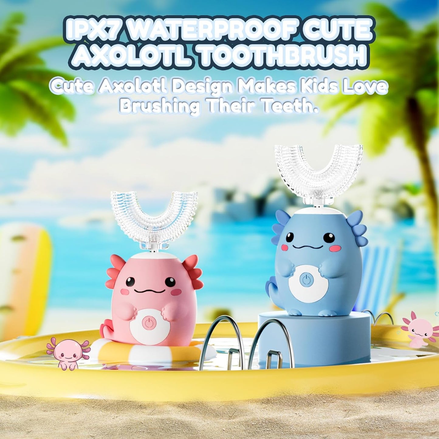 Kids Electric U Shaped Toothbrush - Axolotl Kids Rechargeable Sonic Toothbrush with 6 Brush Heads Full Mouth 6 Cleaning Modes - Age2-15 Pink