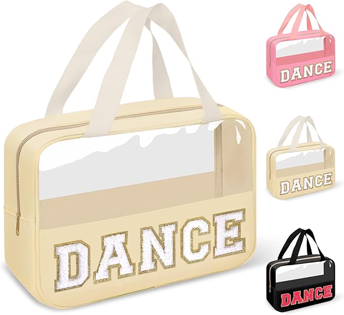 Dance Bag for Girls Chenille Letter Clear Makeup DANCE Stuff Bag,Toddler Dance Recital Gifts Ballet Cosmetic Zipper Pouch with Handle,Dance Competition Accessories Toiletry Storage Bag(DANCE-Beige)