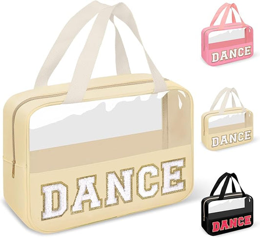 Dance Bag for Girls Chenille Letter Clear Makeup DANCE Stuff Bag,Toddler Dance Recital Gifts Ballet Cosmetic Zipper Pouch with Handle,Dance Competition Accessories Toiletry Storage Bag(DANCE-Beige)