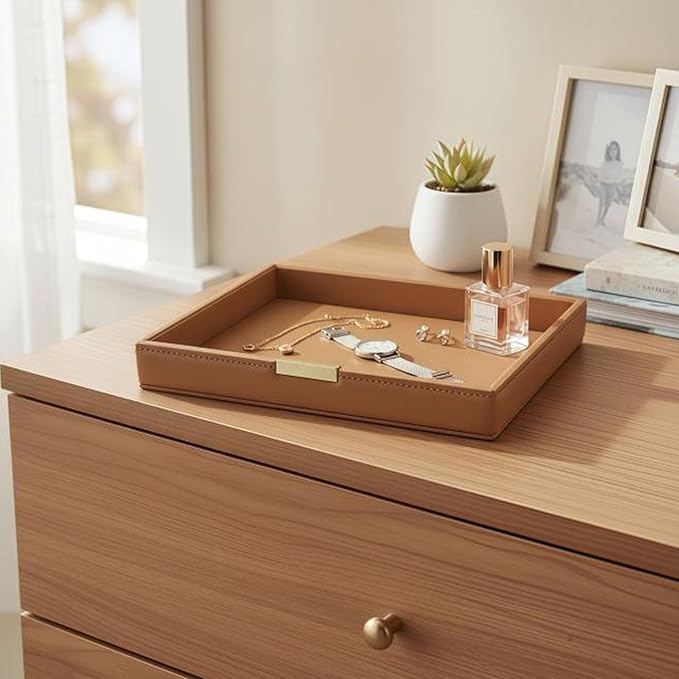 Vanity Organizer Tray for Bathroom Bedroom Dresser, Leather Valet Tray for Nightstand, Decorative Tray for Watch Jewelry Perfume Phone Storage (Brown)