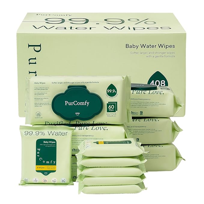 PurComfy Baby Wipes Unscented, 6 Flip-Top Packs + 6 Travel Pack 99.9% Water Wipes with Plant Based, Hypoallergenic for Sensitive Newborn Skin, Total 408 Count Wet Wipes