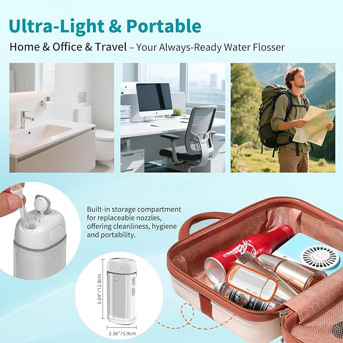 Hibbent Portable Cordless Water Flosser, Mini Oral Irrigator with 3 Modes & 4 Jet Tips, IPX7 Waterproof Rechargeable Travel Electric Dental Flosser for Braces Care, Sensitive Teeth, Orthodontic