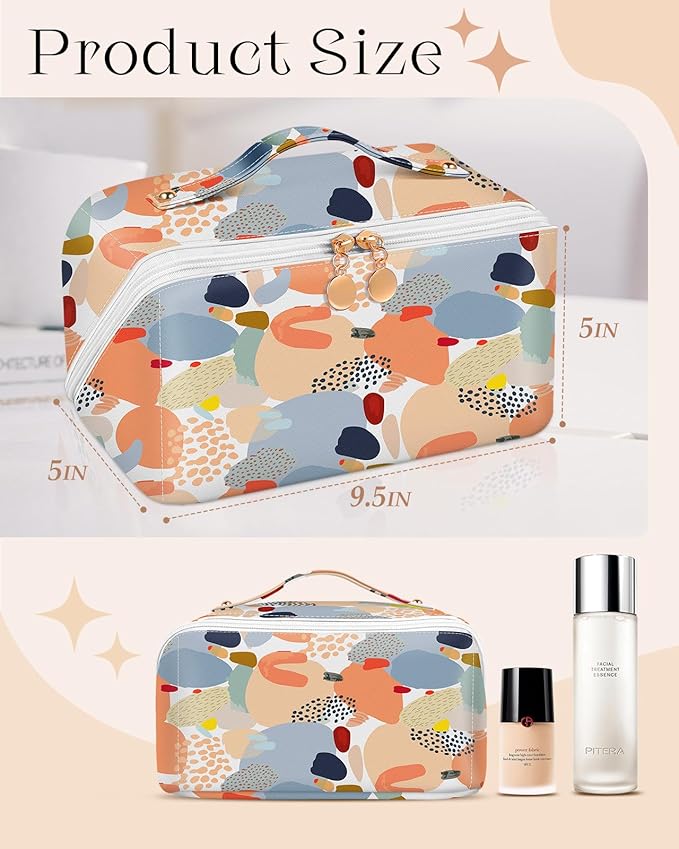 Bistup Makeup Bag Travel Cosmetic Bag Toiletry Make Up Bags Cute Women Large Capacity Big Medium Leather Abstract Aesthetic Portable Teen Girls Teenage Foldable Expandable Compact Open Flat Zip