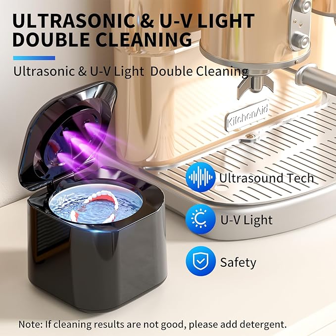 Ultrasonic Retainer Cleaner, 48kHz Retainer Cleaner Machine for Dentures, Night Mouth Guards, Jewelry, Aligner, Braces, 30W Dental Cleaning Pod with Digital Timer, 180ML, Dual Cleaning Mode