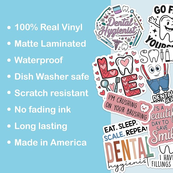 10pcs Dental Hygiene Sticker Sheet, Cute Vinyl Decals for Dental Hygienists, Office Staff, Oral Health Advocates, Waterproof, UV-Resistant, for Laptop, Water Bottle, Journal, Notebook, Clipboard