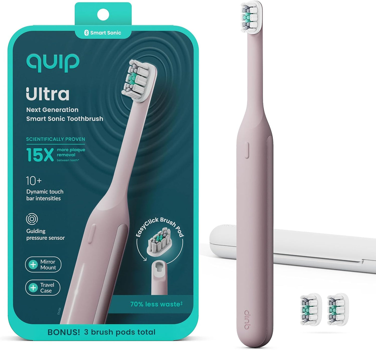 Quip Ultra Next Generation Smart Toothbrush - Timed Electric Toothbrush with Case - Replaceable Brush Head, Soft Bristles, Silicone Handle, 30-Day Battery Life - Travel Toothbrush - Dusk