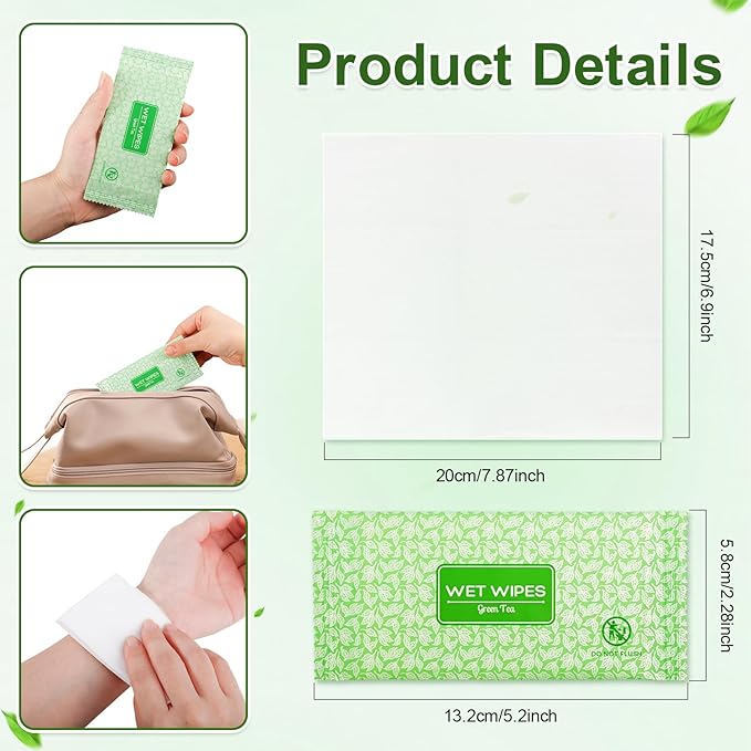200 Pcs Wet Wipes Individually Wrapped, Personal Cleansing Wipe, Travel Size Hand Wipe, Green Tea Wipes Bulk for Homeless, Suitable for Restaurant, Wedding, Barbecue, Light Green