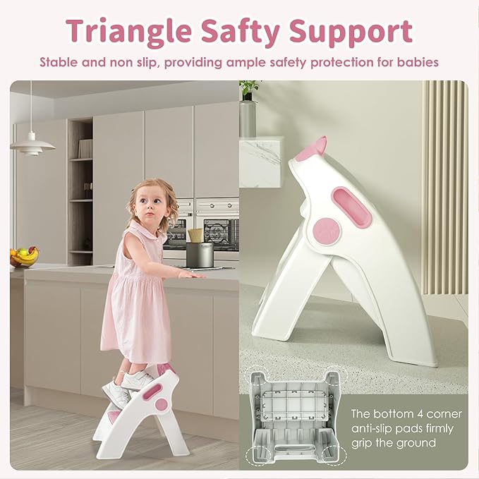 Toddler Step Stool Foldable 2 Step Stool for Kids Collapsible Anti-Slip Stepping Stool for Bathroom Sink Potty Toilet Toddler Kitchen Stool Helper (Pink)