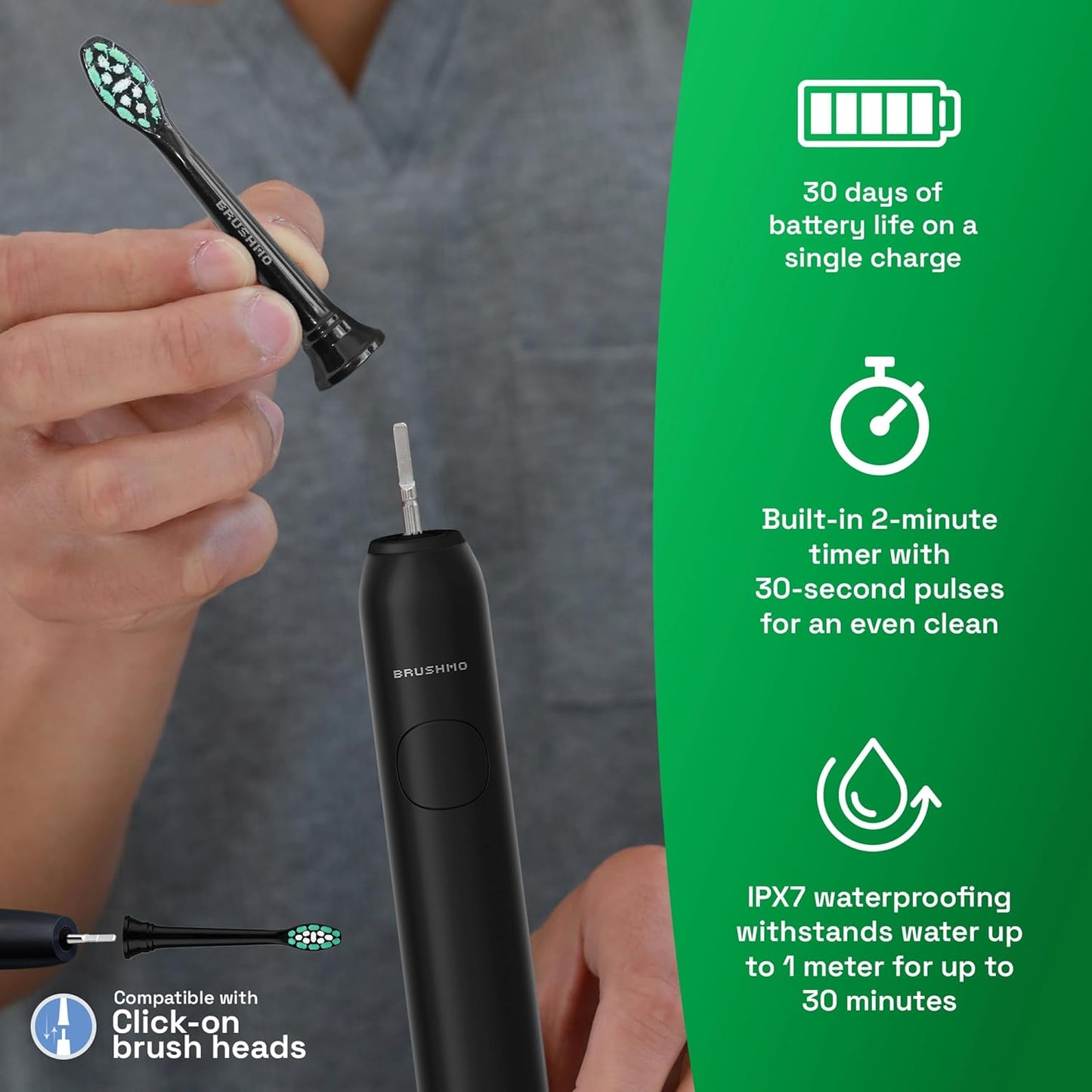 Brushmo Super Sonic Electric Toothbrush with 4 Replacement Heads - Rechargeable Electronic Tooth Brush for Adults with 5 Customizable Modes - IPX7 Waterproof & Long-Lasting Battery - Black
