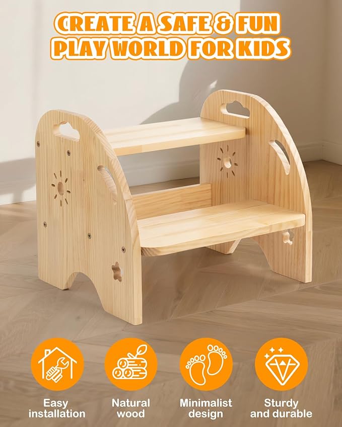 Wooden Toddler Step Stool for Kids - Non Slip 2 Step Stool with Handles for Bathroom Sink, Potty Training, Kitchen