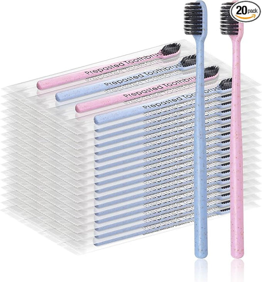 20Pcs Prepasted Disposable Toothbrushes Bulk Individually Wrapped Pre Pasted Soft Bristle Tooth Brush Set Travel Colorful Toothbrushes for Homeless Gift Hotel Camping Travel