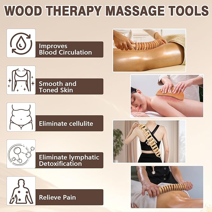 3 in 1 Wood Therapy Massage Tools Maderoterapia Kit Lymphatic Drainage Massager Gua Sha Wooden Massage Tool Body Sculpting Tools for Body Contouring and Shaping, Muscle Pain Relief, Anti-Cellulite