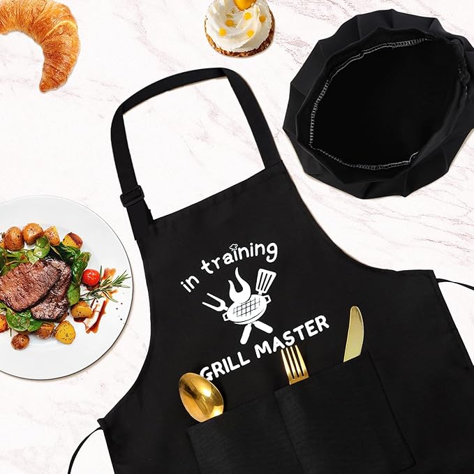 Kids Apron and Chef Hat Set, “GRILL MASTER in training” Funny Apron Adjustable Kitchen Apron Cooking Baking Painting with 2 Pockets for Boys and Girls