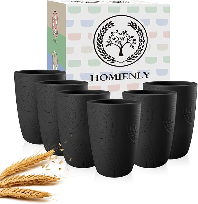 Homienly Wheat Straw Cups Set of 6, 12 OZ Alternative Plastic Cups Reusable, Stackable Drinking Cups, Water Cups, Coffee Cups, Unbreakable Glasses Drinking for Camping, Travel, Party - Black