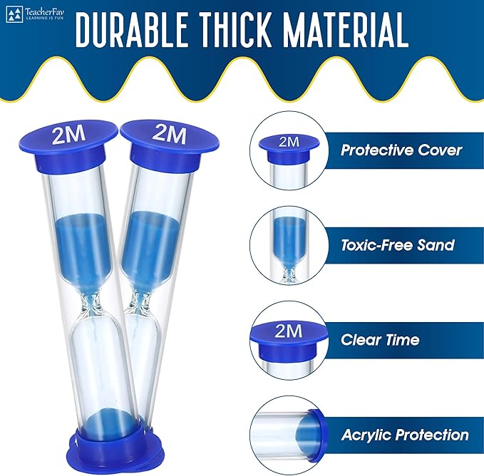 Sand Timer for Kids - 2 Minute Set of 4 Hour Glass -Blue Color- Acrylic Covered for Classroom, Home & Kids Room
