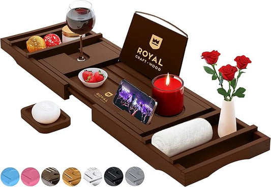 ROYAL CRAFT WOOD Non-Foldable Bathtub Tray - Wood Bath Tray for Tub, Bamboo Bathtub Shelf, Expandable Bath Table Trays, Luxury Bathroom Accessories for New Home & Unique Gift for Women