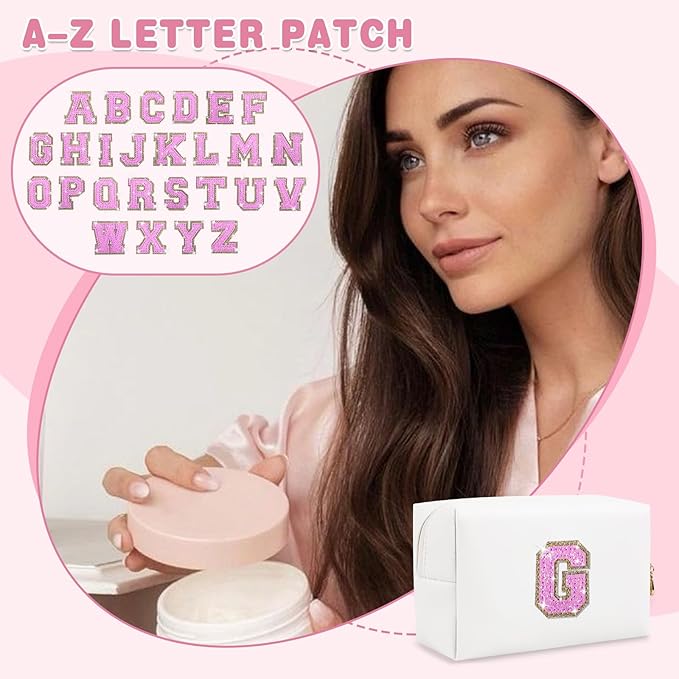 Small Initial Patch Makeup Bag Personalized Gifts Make Up Bag,White Cute PU Leather Glitter Letter Cosmetic Bag with Zipper,Trendy Portable Travel Toiletry Pouch,Preppy Stuff for Teen Girls Women G