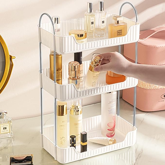 Bathroom Counter Cosmetic Organizer, 3 Tier-Cream White, Alloy Steel & PET Plastic, Rectangular, Tiered, Perfect for Toiletries & Cosmetics