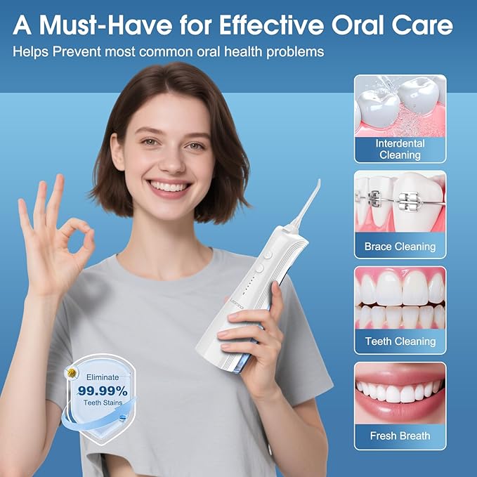 Leominor Water Dental Flosser - 5 Modes Cordless Portable Oral Irrigator, IPX7 Waterproof, Rechargeable Teeth Cleaner Upgrade Datchable Tank Professional Flossing Cleaning Pick for Home Travel (White)