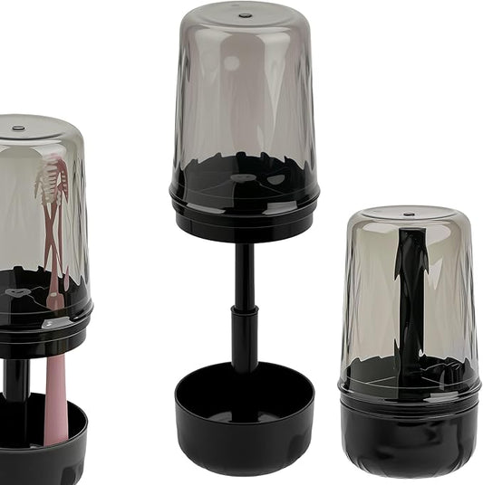Toothbrush Holder Stand with Cup/Cover, Adjustable Height Toothbrush Organizer with 3 Slots, Portable for Bathroom, Travel, Camping (Black)