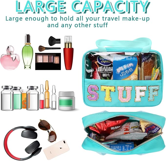 Chenille Letter Patch Stuff Bag, Preppy Clear Makeup Cosmetic Bag Large Toiletry Storage Tote Bag with Handle, Transparent Nylon Waterproof Organizer Zipper Pouch for Travel Women Girls(Green)