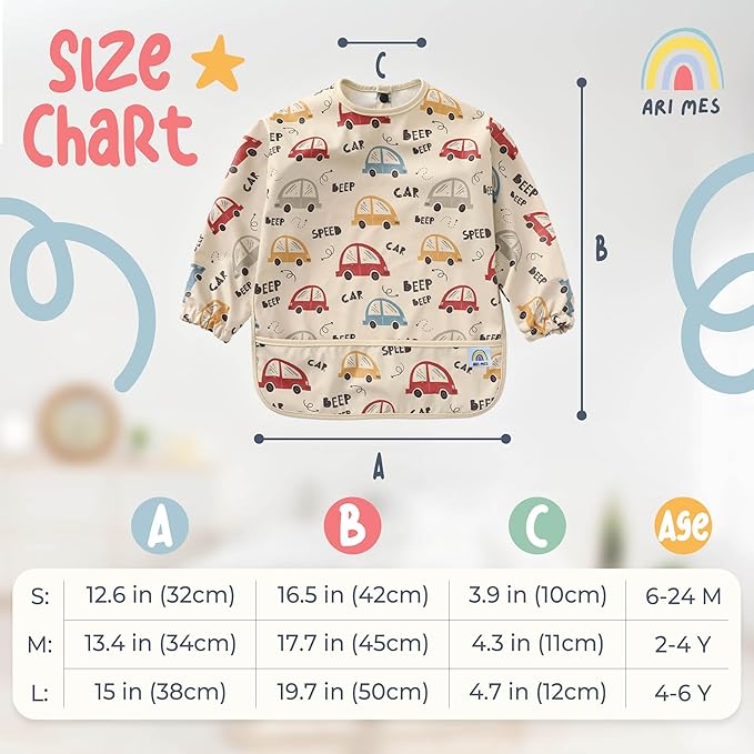 ARI MES Long Sleeves Waterproof Baby Bibs for Eating - Pink, Medium- Wearable, Coverall for Toddler, Long Sleeve Bib, Smock Apron for Feeding - Applicable for 6-72 Months