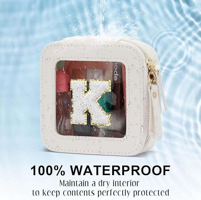 Initial Travel Toiletry Bag - Cosmetic Bags for Girls with Zipper, Clear & Potable Girls Makeup Bag for Travel, Small Cosmetic Pouch Perfect Gifts for Graduation (Beige, K)