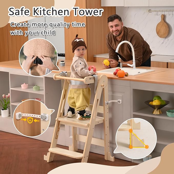 Kids Kitchen Step Stool, Foldable Toddler Tower, Height Adjustable Toddler Standing Tower with Safty Rail and Anti-Slip Device, Wooden Stool for 1.5-6 Years(Nature-Wood)
