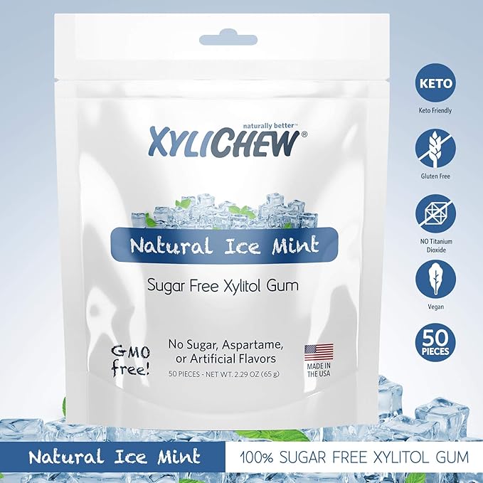 Xylichew 100% Xylitol Chewing Gum - Non GMO, Non Aspartame, Gluten Free, and Sugar Free Gum - Natural Oral Care, Relieves Bad Breath and Dry Mouth - Ice Mint, 50 Count