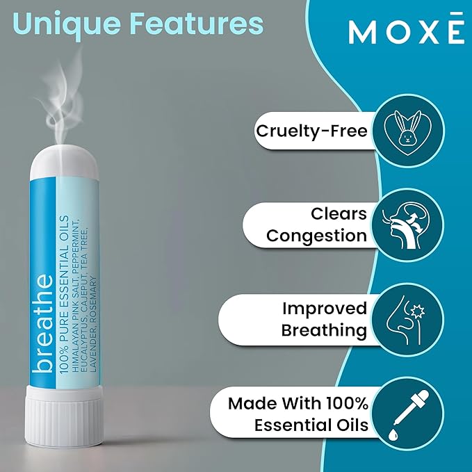 MOXE Breathe | Himalayan Salt Inhaler | Help Clear Congestion, Boost Focus and Improve Breathing | Natural Aromatherapy | Peppermint, Lavender and Tee Tree Essential Oil (3 Pack)