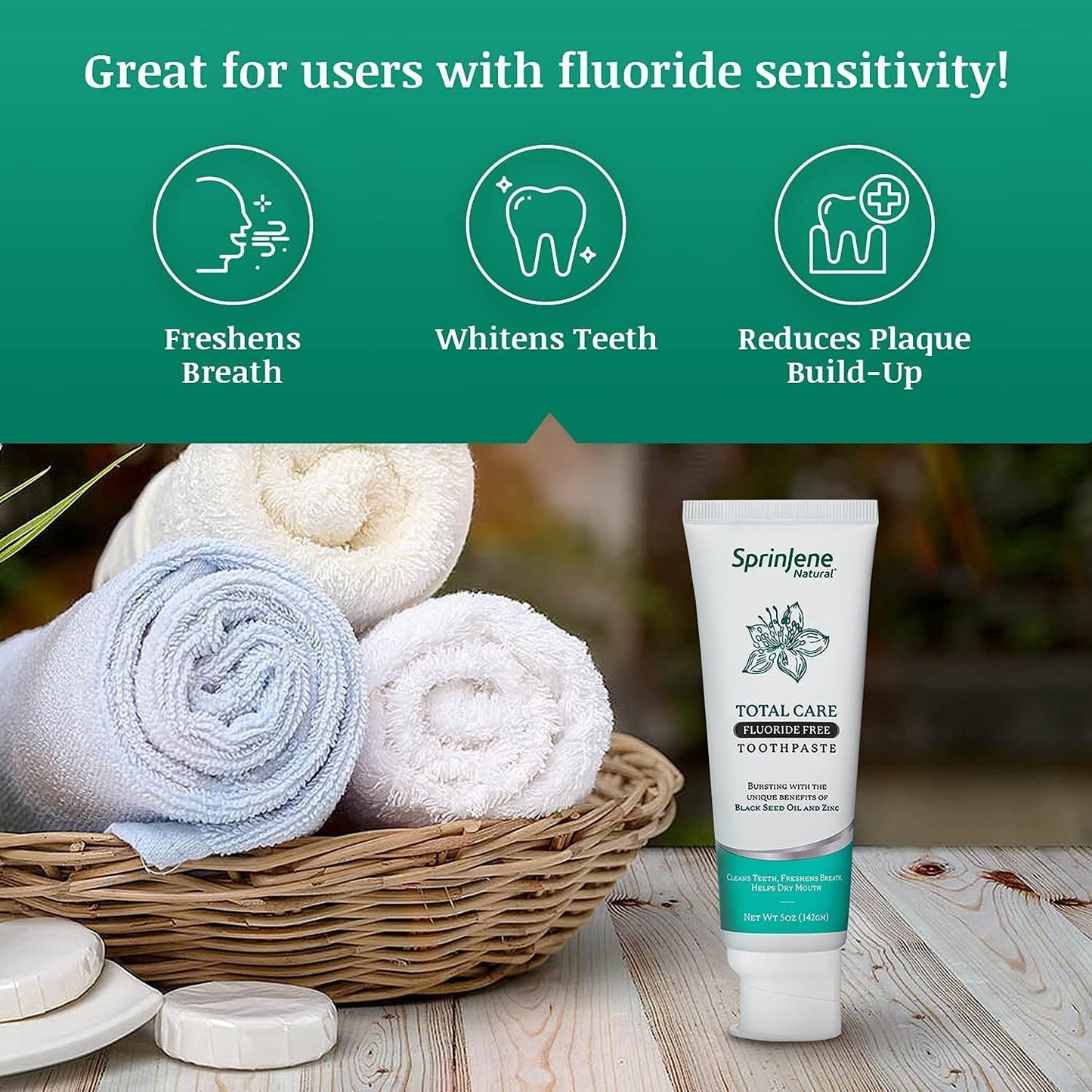 SprinJene Natural Total Care Fluoride Free Toothpaste – Patented Formula with Black Seed Oil & Zinc – Dry Mouth Toothpaste for Fresh Breath & Strong Teeth – Made in The USA (4 Pack)