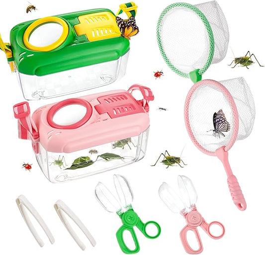 2Sets Bug Catcher for Kids - Sturdy Kids Bug Catching Kit Gifts with Collector Butterfly Net Tweezer, Bugs Habitat Outdoor Explorer Kit for Age 3 4 5 6 7 8, 8Pcs, Green & Pink