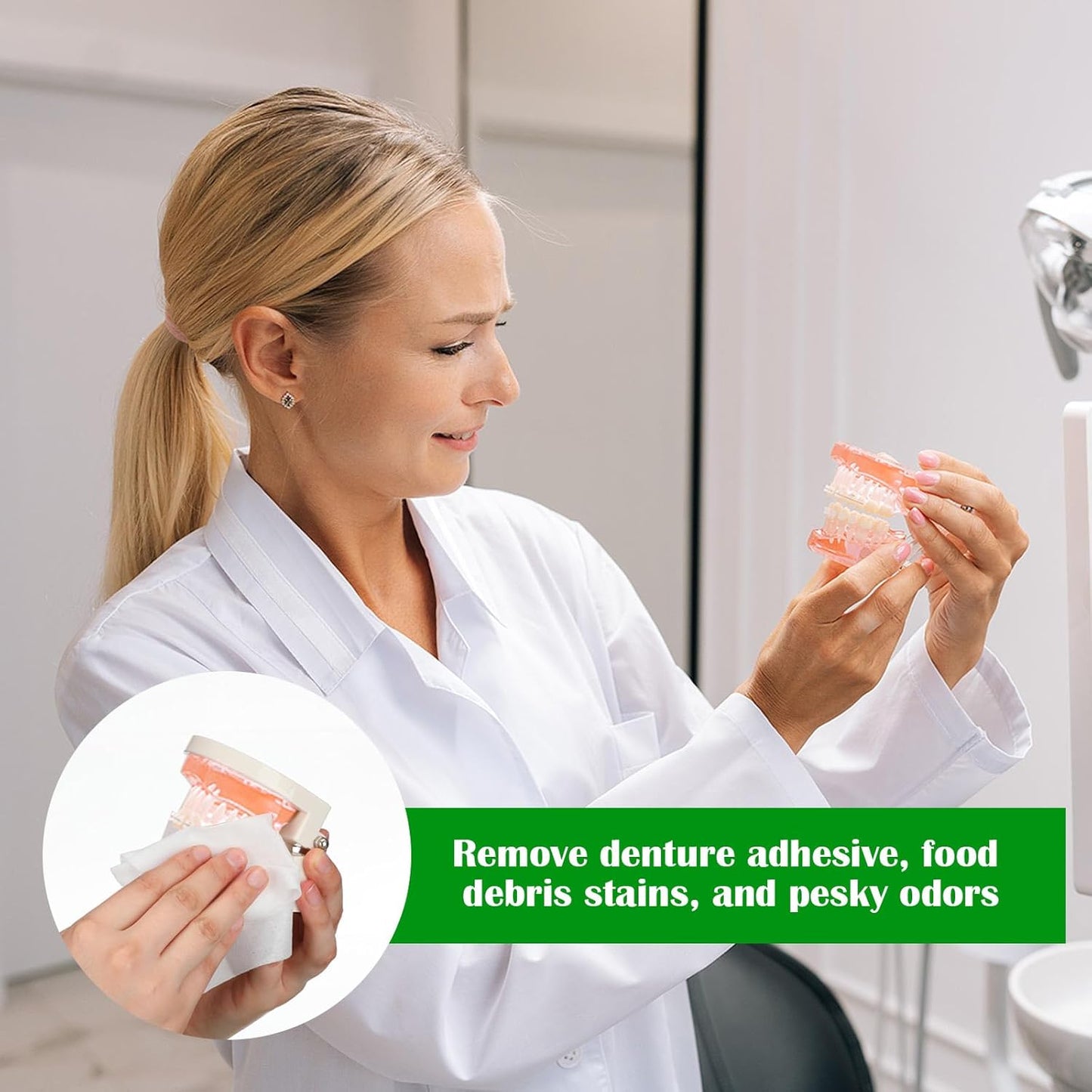 Timgle 100 Pcs Denture Cleaning Wipes Refreshes Gums Deep Cleaning Wipes for Remove Denture Adhesive, Food Debris, Stains and Odor