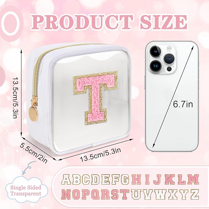 Mini Clear Personalized Initial Makeup Bag,Small Nylon Waterproof Zip Beach Cosmetic Pouch,Preppy A-Z Chenille Letter Patch Cute Coin Purse Travel Toiletry Bag Car Pack Bag for Women(White-Pink T)